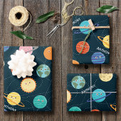 Fun Solar System Planets Pattern for Kids Blue Wra Inpakpapier Vel