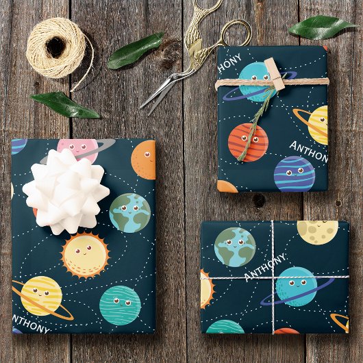 Fun Solar System Planets Pattern for Kids Blue Wra Inpakpapier Vel