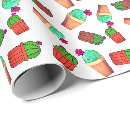 Fun Southwestern Flowering Potted Cactus Pattern Cadeaupapier (Rol Hoek)