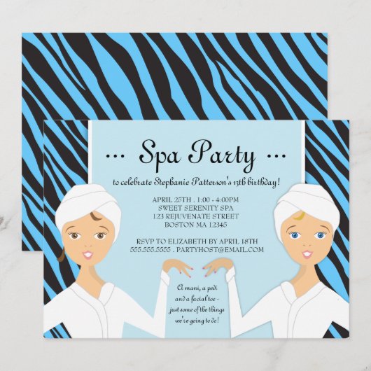 Fun Spa Girl Birthday Spa Party Uitnodiging | Zebr (Voorkant / Achterkant)