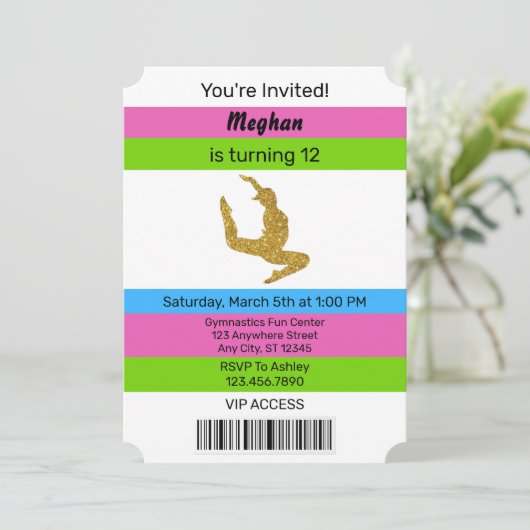 Fun Sparkle Gymnastics Birthday Ticket Kaart (Staand voorkant)