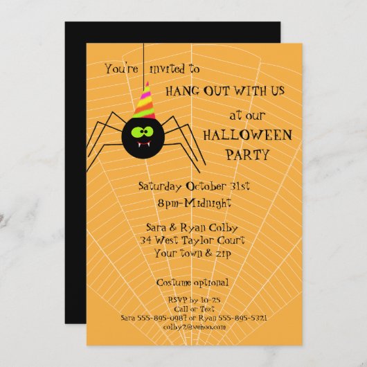 Fun Spider Oranje Halloween Party Invitation (Voorkant / Achterkant)