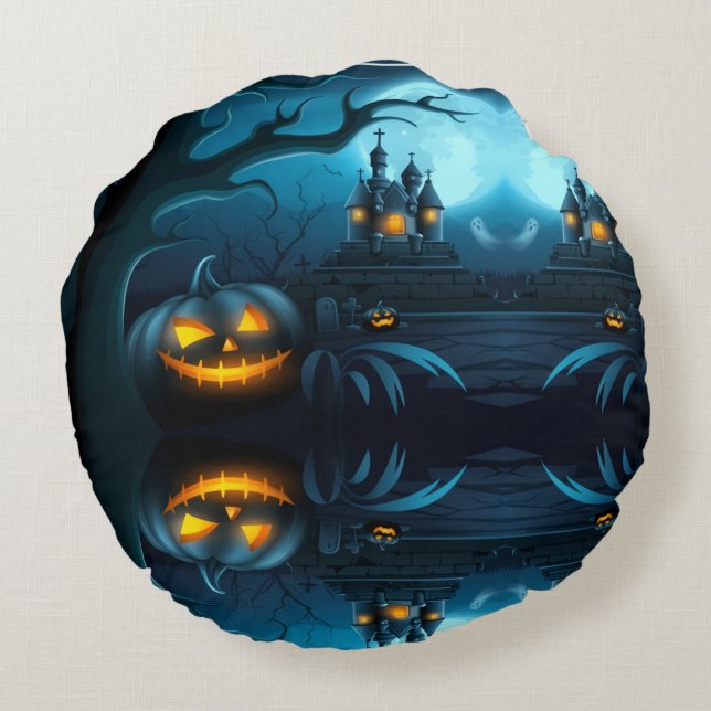 Fun Spooky Decor with Pumpkins,Ghosts & Witch Hats Rond Kussen (Achterkant)