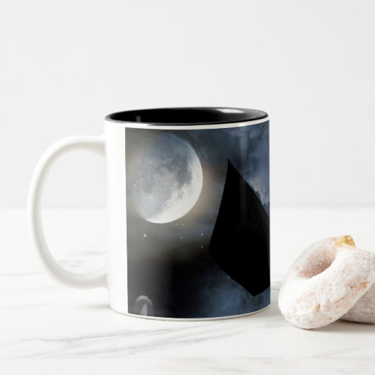 Fun spooky design voor Halloween Tweekleurige Koffiemok (Met donut)