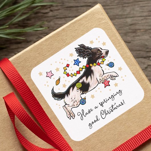 Fun Springer Spaniel Hond Leaping Puppy Kerstmis Vierkante Sticker