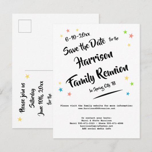 Fun Stars Familiereünie of Feest Save the Date Aankondigingskaart (Voorkant / Achterkant)