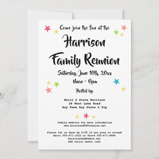 Fun Stars Familiereünie Party of BBQ Uitnodiging (Voorkant)