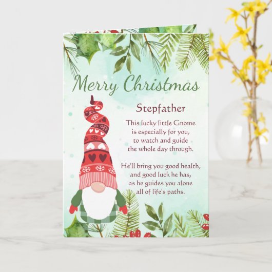 Fun Stepfather-kerstkaartje Lucky Gnome Blank Kaart (Gele Bloem)