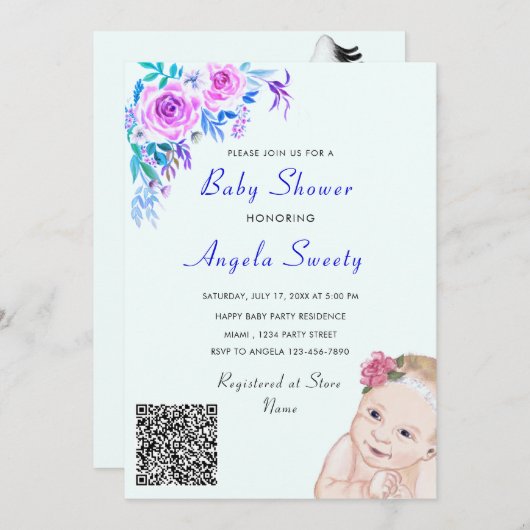 Fun Stork and Baby shower Invitation with QR Code (Voorkant / Achterkant)