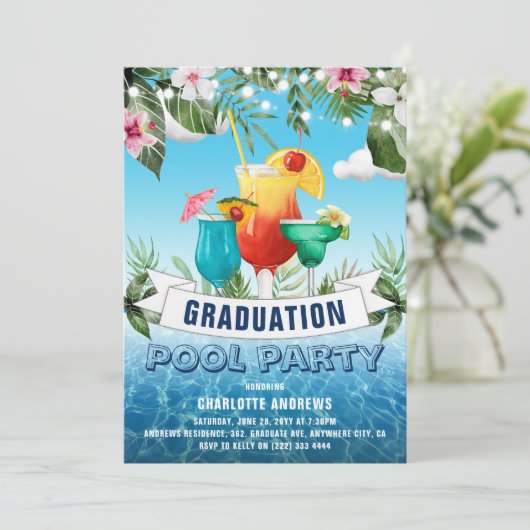 Fun Summer Afstuderen Pool Party Invitation Kaart (Staand voorkant)