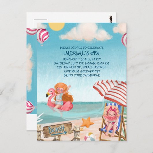 Fun Summer Beach Verjaardagsfeestuitnodiging Briefkaart (Voorkant / Achterkant)