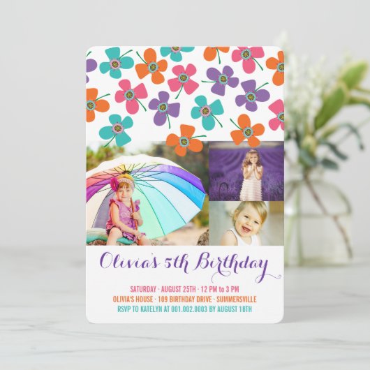 Fun Summer Daisies Pop Chic Girl's Birthday Foto Kaart (Staand voorkant)