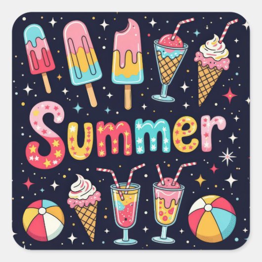 Fun Summer Graphics On Black Vierkante Sticker (Voorkant)