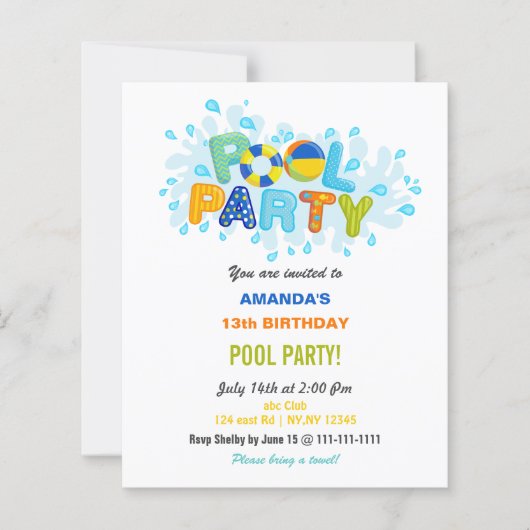 Fun Summer Swimming Pool Party Birthday  (Voorkant)