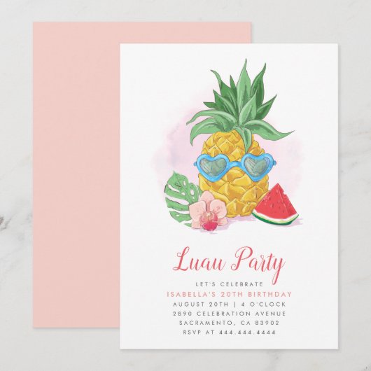 Fun Summer Tropical Pineapple Luau Party Birthday Kaart (Voorkant / Achterkant)