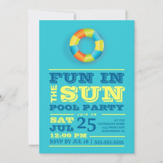 Fun Sun Pool Party Colorful Retro Invitation Kaart (Voorkant)