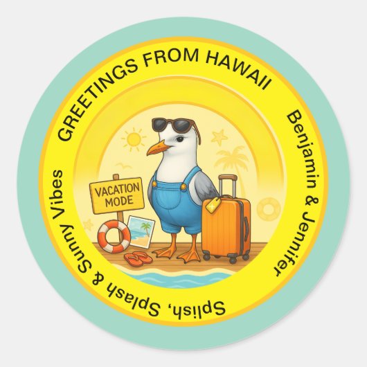 fun sunny destination seagull beach traveller ronde sticker (Voorkant)