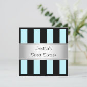 Fun Sweet 16 Light Blue Stripes Silver Party Kaart (Staand voorkant)