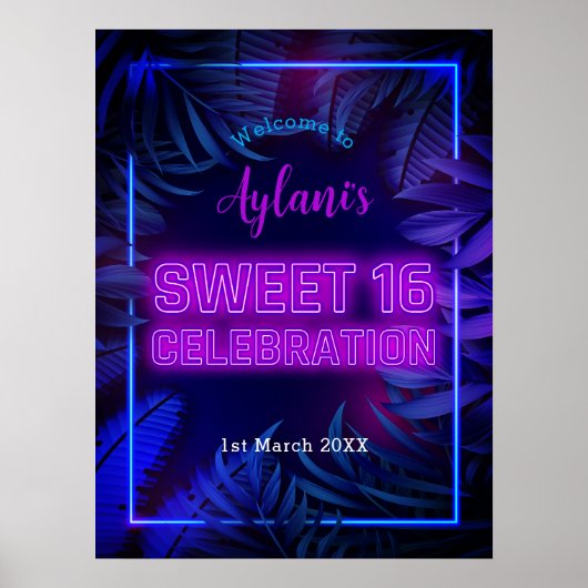 Fun Sweet 16 Neon Glow Verjaardagsfeest Welkom Poster (Voorkant)