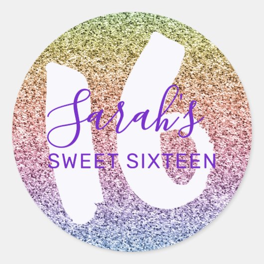 Fun Sweet 16 Rainbow Glitter Sparkling Verjaardag Ronde Sticker (Voorkant)