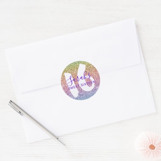 Fun Sweet 16 Rainbow Glitter Sparkling Verjaardag Ronde Sticker (Envelop)