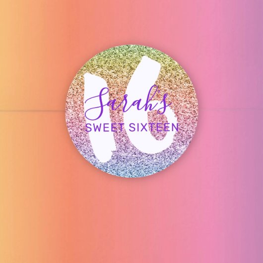 Fun Sweet 16 Rainbow Glitter Sparkling Verjaardag Ronde Sticker