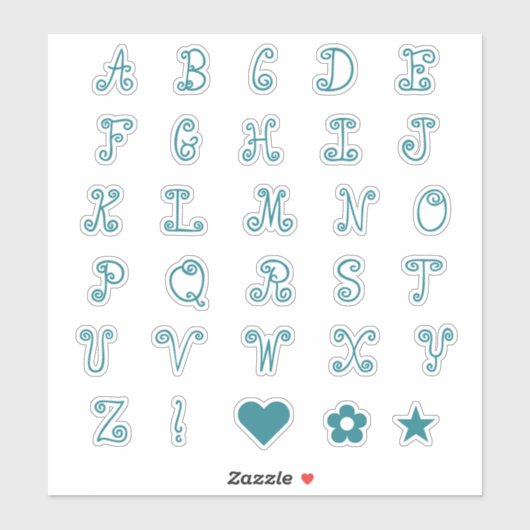 Fun Swirly Blauwgroen Font Alphabet Initialen Mono Sticker (Vel)