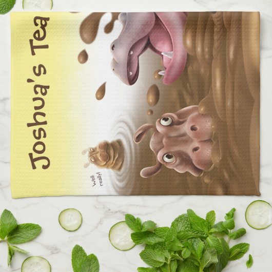 Fun Tea Towel Hippos in de modder. Theedoek (Gevouwen)