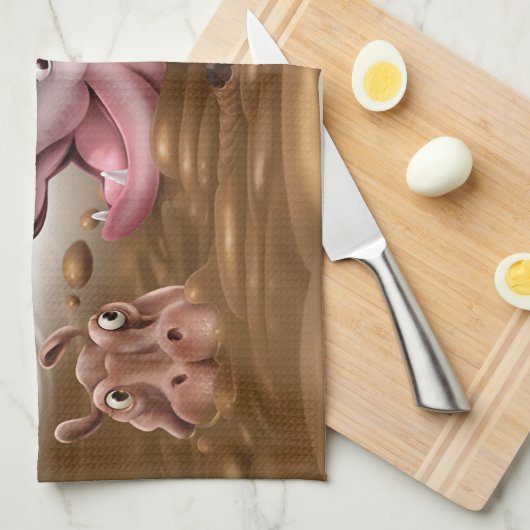 Fun Tea Towel Hippos in de modder. Theedoek (Quarter Fold)