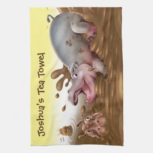 Fun Tea Towel Hippos in de modder. Theedoek (Verticaal)