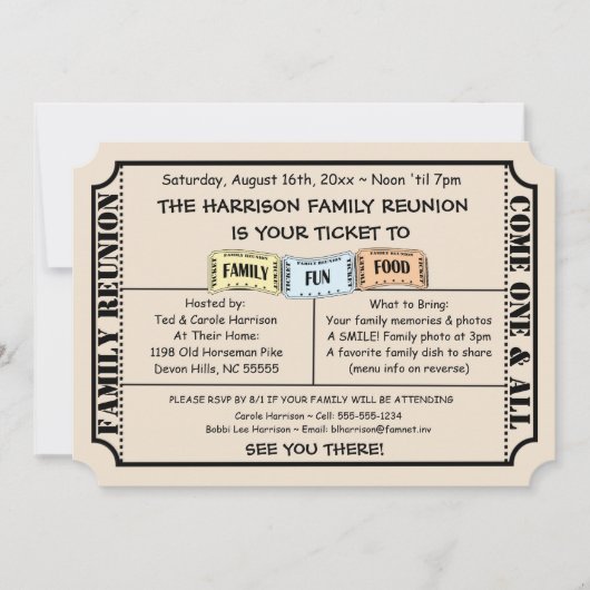 Fun Ticket Cut Uitnodiging voor familiereünie (Voorkant)