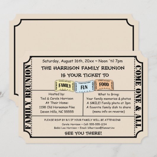Fun Ticket Cut Uitnodiging voor familiereünie (Voorkant / Achterkant)