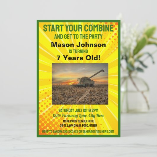 Fun Tractor Birthday Kind Equipment Combine Kaart (Staand voorkant)