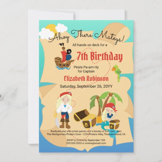 Fun Treasure Map Custom Pirate Girl Birthday Party Kaart (Voorkant)