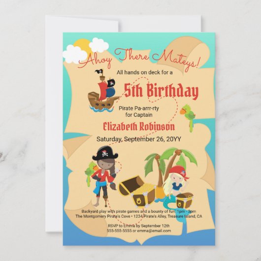 Fun Treasure Map Cute Pirate Girl Birthday Party Kaart (Voorkant)