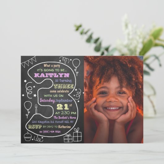 Fun & Trendy Calkboard Foto 3rd Birthday Kaart (Staand voorkant)