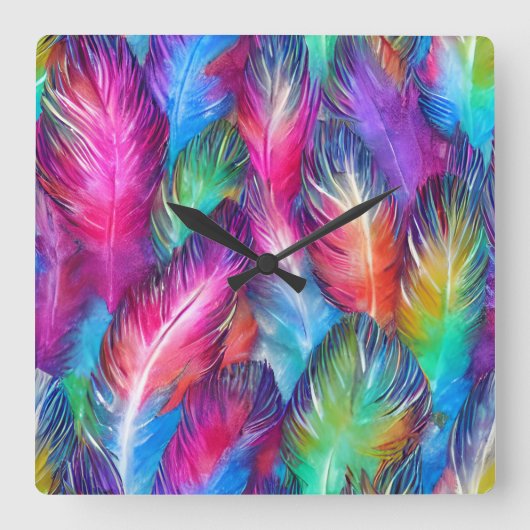 Fun Trendy Colorful Feather Patterned Vierkante Klok (Voorkant)