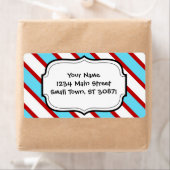 Fun Turquoise Blue Red en White Diagonal Stripes Etiket (Insitu)