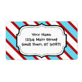 Fun Turquoise Blue Red en White Diagonal Stripes Etiket (Voorkant)