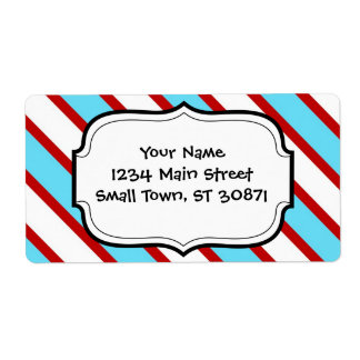 Fun Turquoise Blue Red en White Diagonal Stripes Etiket