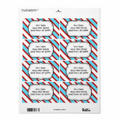 Fun Turquoise Blue Red en White Diagonal Stripes Etiket (Full Sheet)