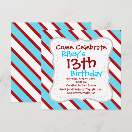 Fun Turquoise Blue Red en White Diagonal Stripes Kaart (Voorkant / Achterkant)