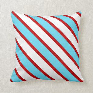 Fun Turquoise Blue Red en White Diagonal Stripes Kussen