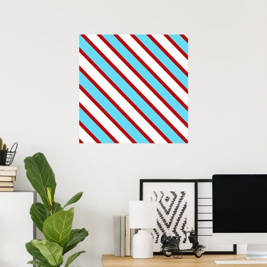 Fun Turquoise Blue Red en White Diagonal Stripes Poster (Thuiskantoor)