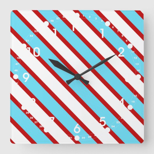 Fun Turquoise Blue Red en White Diagonal Stripes Vierkante Klok (Voorkant)
