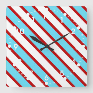 Fun Turquoise Blue Red en White Diagonal Stripes Vierkante Klok