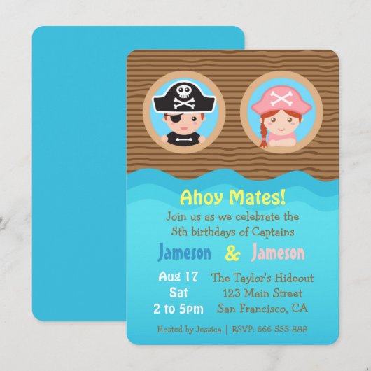 Fun Twins, Pirate Theme Birthday Party Kaart (Voorkant / Achterkant)