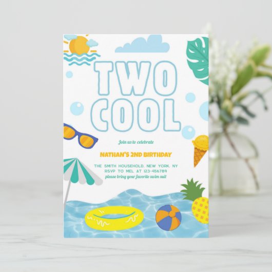 Fun Two Cool Boy 2e Verjaardag Zwembad Zomerfeest Kaart (Staand voorkant)