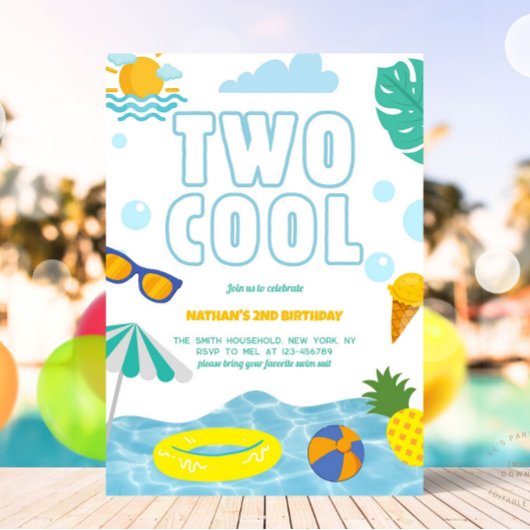 Fun Two Cool Boy 2e Verjaardag Zwembad Zomerfeest Kaart