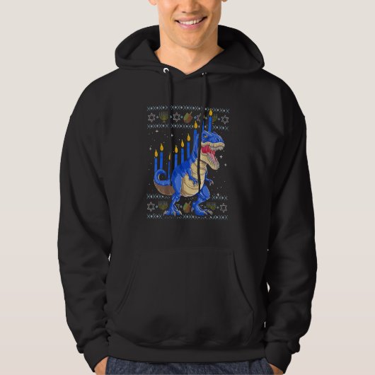 Fun Ugly Hanukkah Sweater Menorasaurus Rex Dinosau (Voorkant)